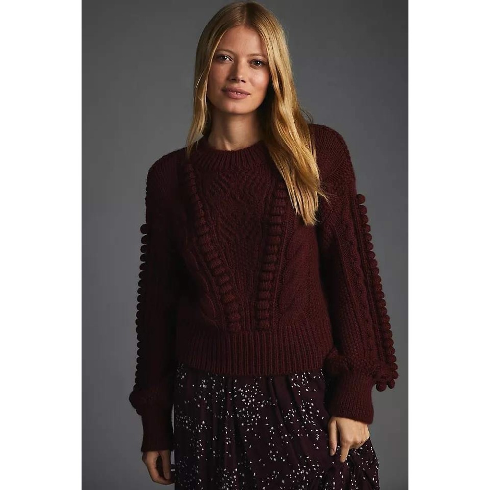 Anthropologie Pullover Sweater Womens Medium Burgundy Cable Knit Bobble Sleeve